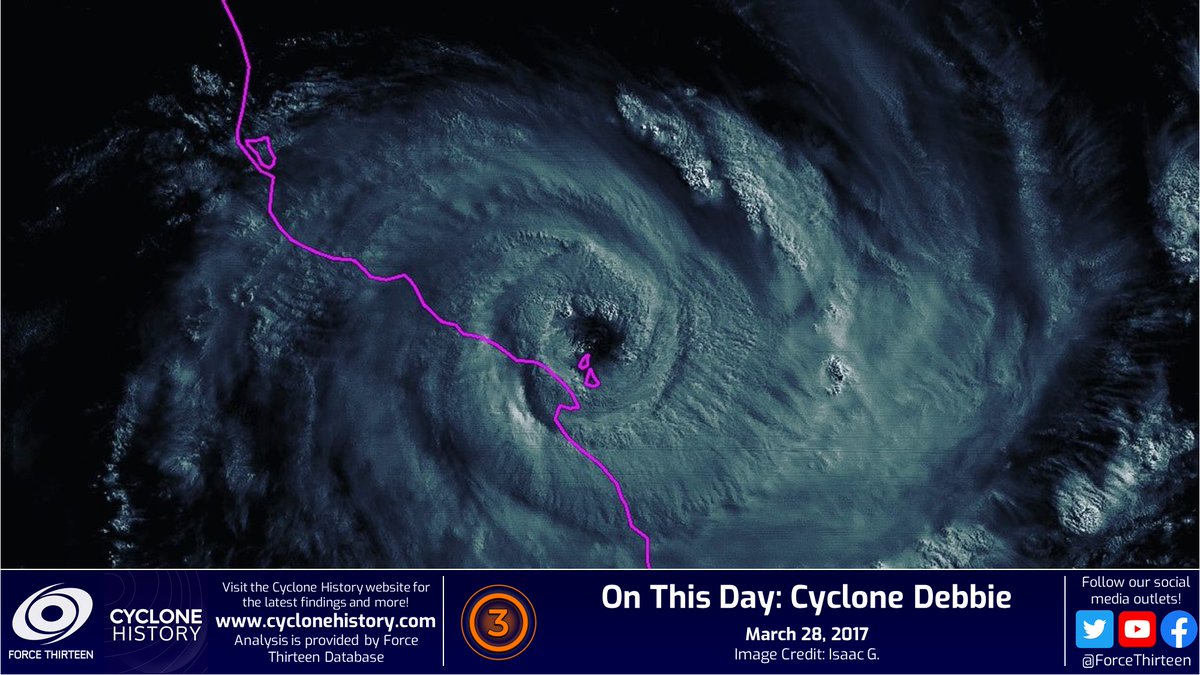 CycloneHistory's tweet photo. #OTD 5 years ago, the eye of #CycloneDEBBIE was bearing down on the coast of #Queensland, peaking at 120mph/943 mb per unofficial F13 analysis.

Debbie was one of the most devastating cyclones in Australia's history, killing 14 and causing US$2.73 billion in damages. https://t.co/uTkYnyP5xY