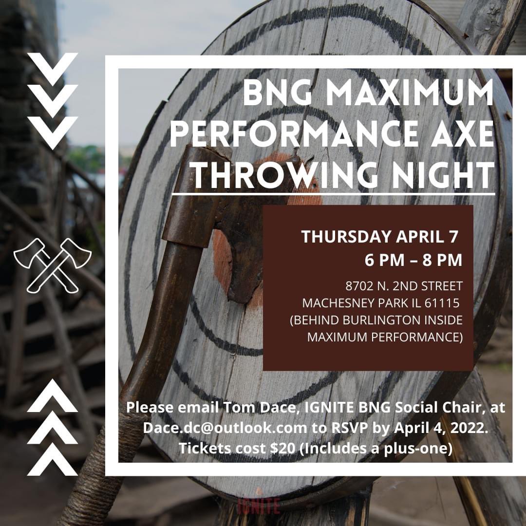 igniterockford's tweet photo. Our IGNITE Business Networking Group is hosting a super fun axe throwing event next Thursday! All the details you need can be found below! RSVP by April 4th. Each ticket includes a plus one and food will be provided by the BNG group. BYOB. Alcohol is welcome. 🍻

See you then! https://t.co/rmX5YoXx9I