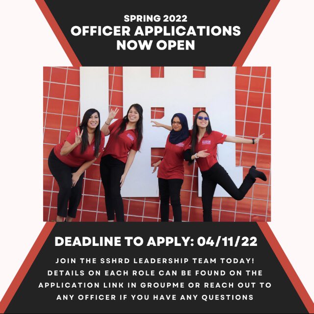 UH_SSHRD's tweet photo. SSHRD has opened it’s Fall 2022. 

This is a great opportunity to build your leadership &amp; professional skills and develop our organization! 

Our application is open to all majors and classification!! 

Head over to our bio for the office application! https://t.co/fvr09D6lXh