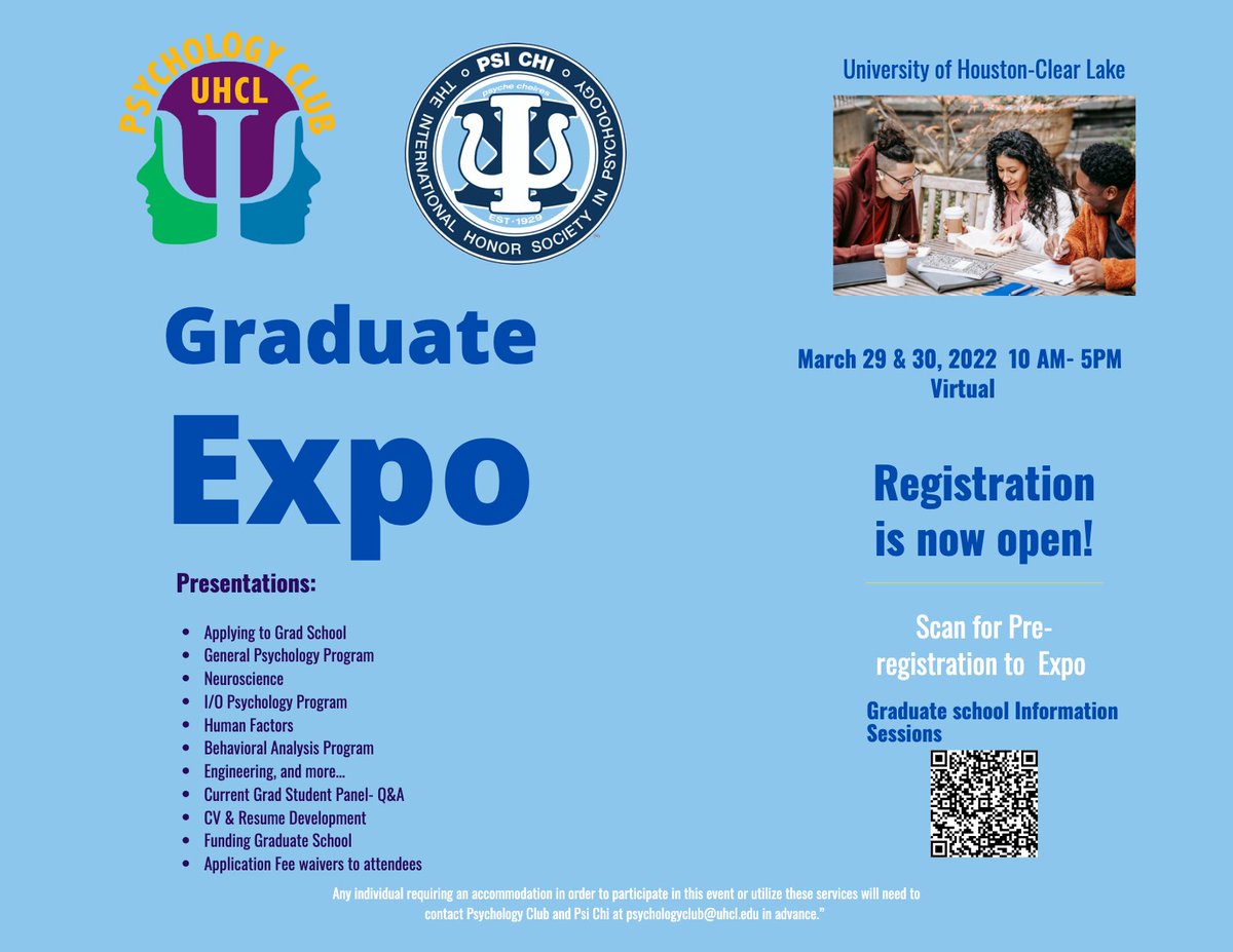psych_uhcl's tweet photo. Hi everyone! We hope you're having a great start to your week. This is an exciting reminder that our Graduate Expo is being held tomorrow and Wednesday. We hope to see you there! https://t.co/WvzStMbad4