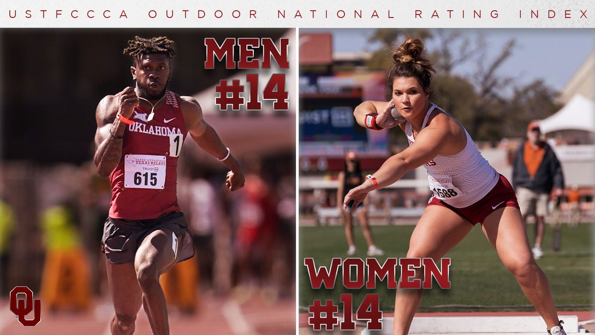 𝘾𝙝𝙚𝙘𝙠𝙞𝙣𝙜 𝙞𝙣 𝙖𝙩 𝙩𝙝𝙚 𝙩𝙤𝙥 1⃣5⃣

#Sooners men's and women's squad both check in at No. 14 in the first <a href="/USTFCCCA/">USTFCCCA</a> Outdoor NRI!

#BoomerSooner ☝️💨