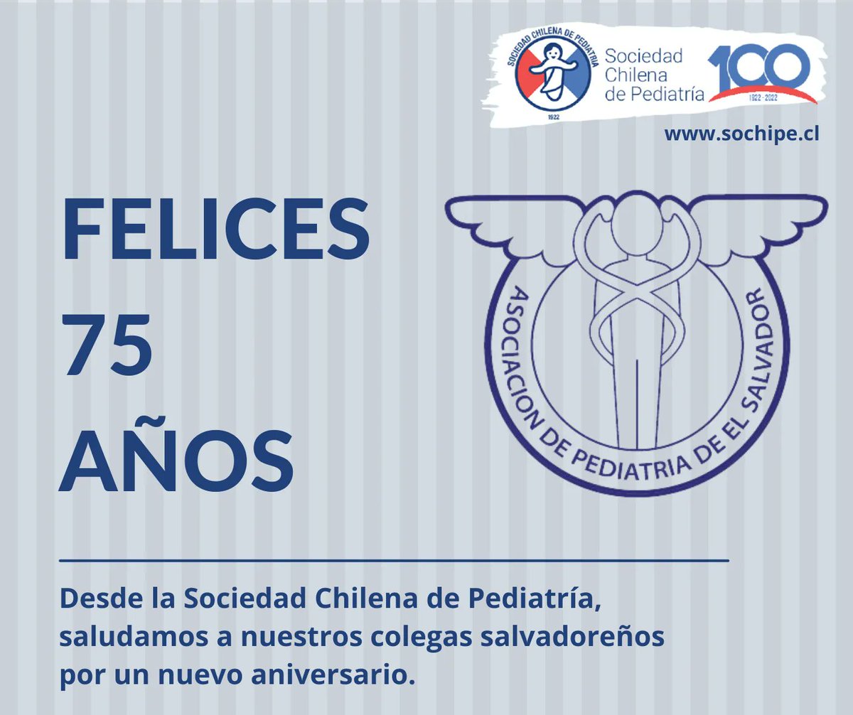 sochipe's tweet photo. ¡FELICES 75 AÑOS A NUESTROS COLEGAS SALVADOREÑOS!
Desde la Sociedad Chilena de Pediatría, mandamos un fraterno saludo a nuestros colegas de @ASOPEDES por su 75 aniversario. Un abrazo a quienes han velado por la salud y bienestar de la niñez y adolescencia en El Salvador 🙂 https://t.co/1NLcwDe9q7