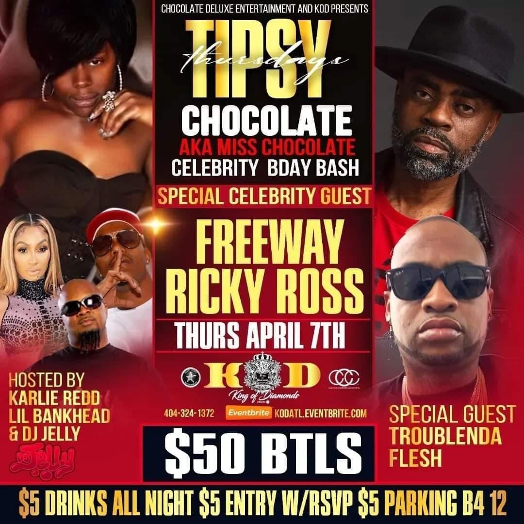 DeluxeEnt's tweet photo. Thursday April 7th 2021 
Chocolate Aka Miss Chocolate Special Guest Freeway Ricky Ross Real Rick Ross many more KING OF DIAMOND ATLANTA
https://t.co/ROlhxWStK6 https://t.co/UtJGII6Fy6