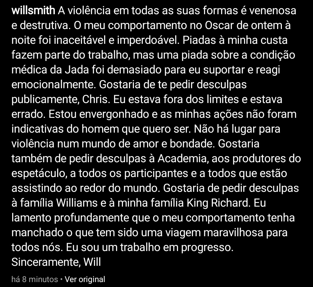 No Instagram, Will Smith publicou um pedido de desculpa após o acontecimento no Oscars.