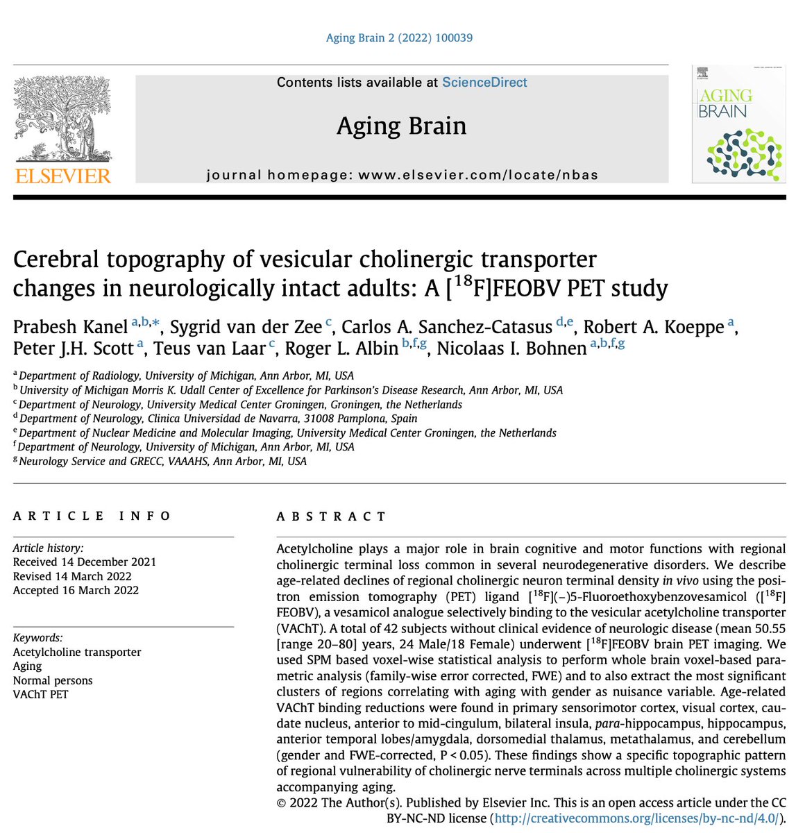 ScottLab (@scott_labum) on Twitter photo Recent work using 18F-FEOBV PET with our colleagues in <a href="/umichmedicine/">Michigan Medicine</a> #neurology reveals a specific topographic pattern of regional vulnerability of cholinergic nerve terminals across multiple cholinergic systems in normal aging. Out now in #AgingBrain: sciencedirect.com/science/articl… Recent work using 18F-FEOBV PET with our colleagues in <a href="/umichmedicine/">Michigan Medicine</a> #neurology reveals a specific topographic pattern of regional vulnerability of cholinergic nerve terminals across multiple cholinergic systems in normal aging. Out now in #AgingBrain: sciencedirect.com/science/articl…