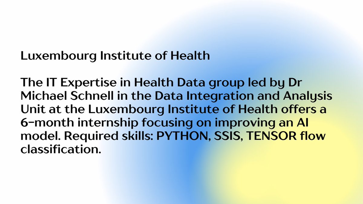#ScienceForUkraine 🇺🇦 (@sci_for_ukraine) on Twitter photo #LUXEMBOURG 🇱🇺 The IT Expertise in Health Data group led by Dr Michael Schnell in the Data Integration and Analysis Unit at the <a href="/LIH_Luxembourg/">LIH_Luxembourg</a>, offers a 6-month internship.
✉️ lih.recruitment@lih.lu
🌐 lih.lu/en/
U630 scienceforukraine.eu/table.html
#ScienceForUkraine #LUXEMBOURG 🇱🇺 The IT Expertise in Health Data group led by Dr Michael Schnell in the Data Integration and Analysis Unit at the <a href="/LIH_Luxembourg/">LIH_Luxembourg</a>, offers a 6-month internship.
✉️ lih.recruitment@lih.lu
🌐 lih.lu/en/
U630 scienceforukraine.eu/table.html
#ScienceForUkraine