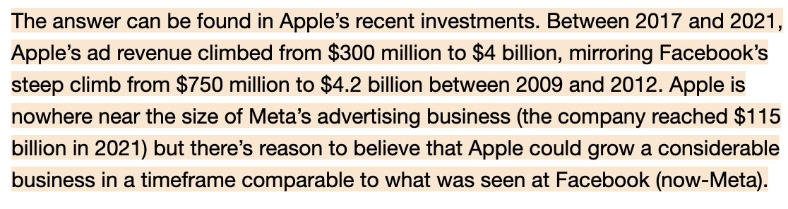 Apple grew its advertising business from $300M to $4B between 2017 and 2021. It's no surprise Facebook needed to not only name a new game ('Metaverse'), but completely rebrand themselves to align with it.