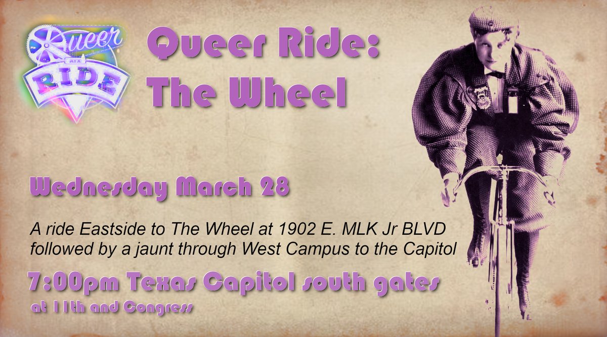 QueerRide's tweet photo. We'll head to The Wheel, just off Chicon and MLK Jr, 
Texas Capitol front gates on 11th and Congress
Wheels down at 7:30pm sharp! 🚲
Pitstop: The Wheel, 1902 East MLK Jr
Destination: circle back to TX Capitol
Bring your repair kits, locks, lights, and water. #QueerRide https://t.co/cLnq7BxWtx