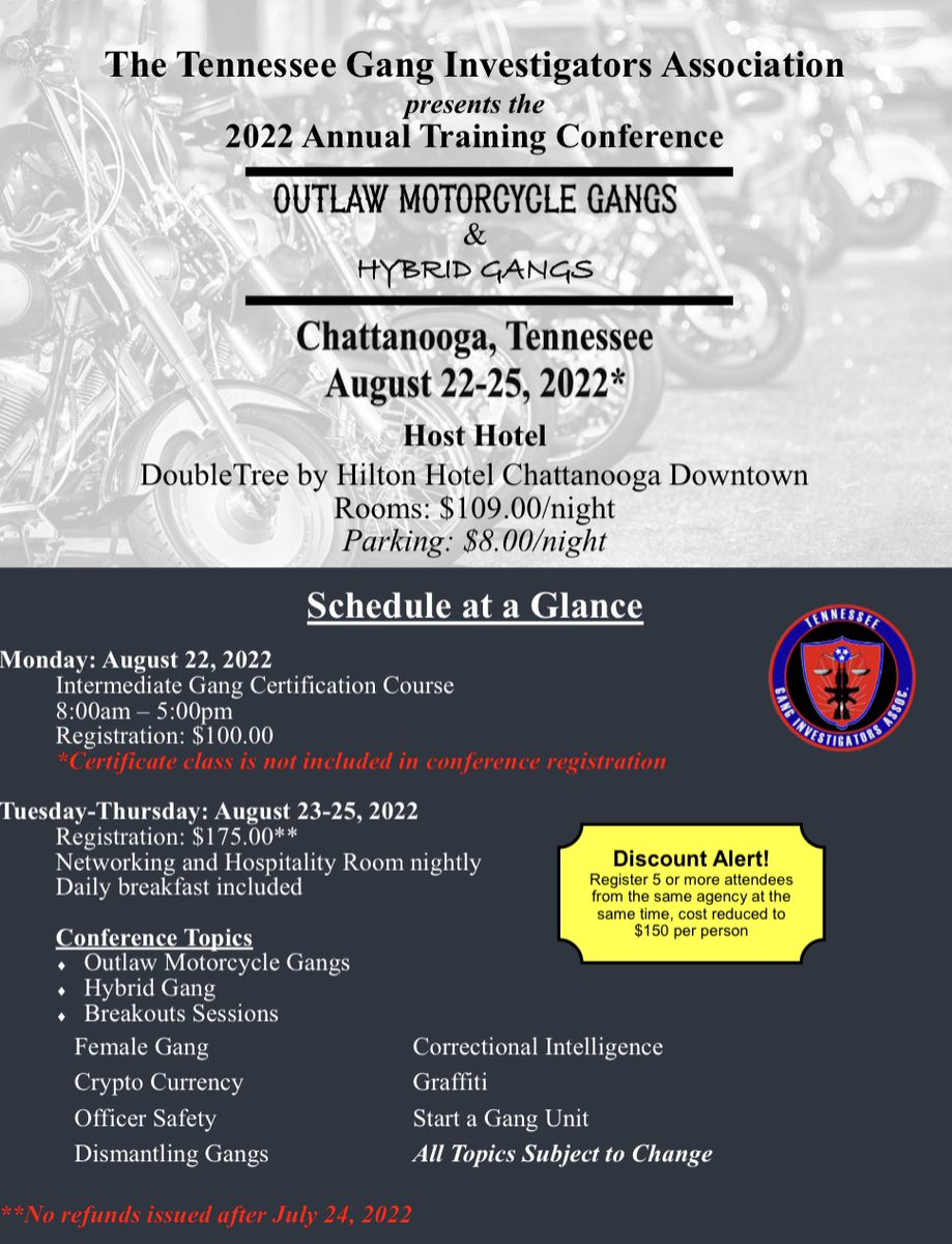 TNGIA1998's tweet photo. Save the dates!! 2022 annual TNGIA conference in Chattanooga August 22-25, 2022. https://t.co/ykRLXYKszo