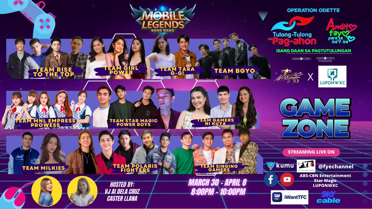 The most exciting celebrity ML playoffs is almost here —💫 Star Magic Game Zone 🎮. See your fave artists play and do fun challenges by donating! #TulongKapamilya  #AnditoTayoParaSaIsatIsa

DSWD Authority/Solicitation Permit No DSWD-SB-SP-00026-21 Nationwide. Valid until 052822.