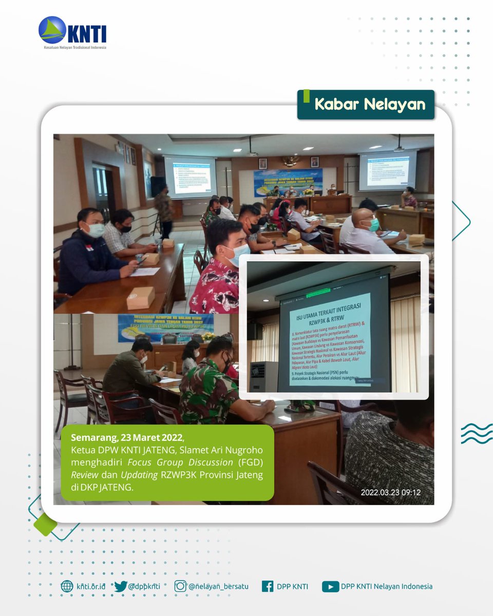 Ketua DPW KNTI JATENG, Slamet Ari Nugroho menghadiri Focus Group Discussion (FGD) Review dan Updating RZWP3K Provinsi Jateng di <a href="/dkpjateng/">DKP Prov Jateng</a> --

#KNTI #JawaTengah #Indonesia