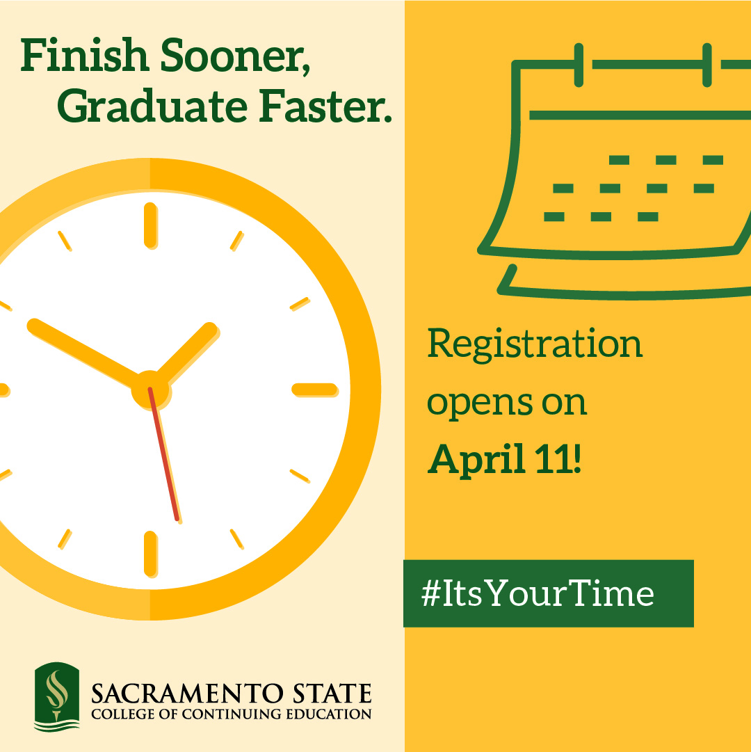 SacStateCCE's tweet photo. Summer Session registration opens Monday, April 11 for continuing students. For more info about important dates for Summer Session, check this out: https://t.co/WwoAh0WRJc https://t.co/y2Wc1koSD1