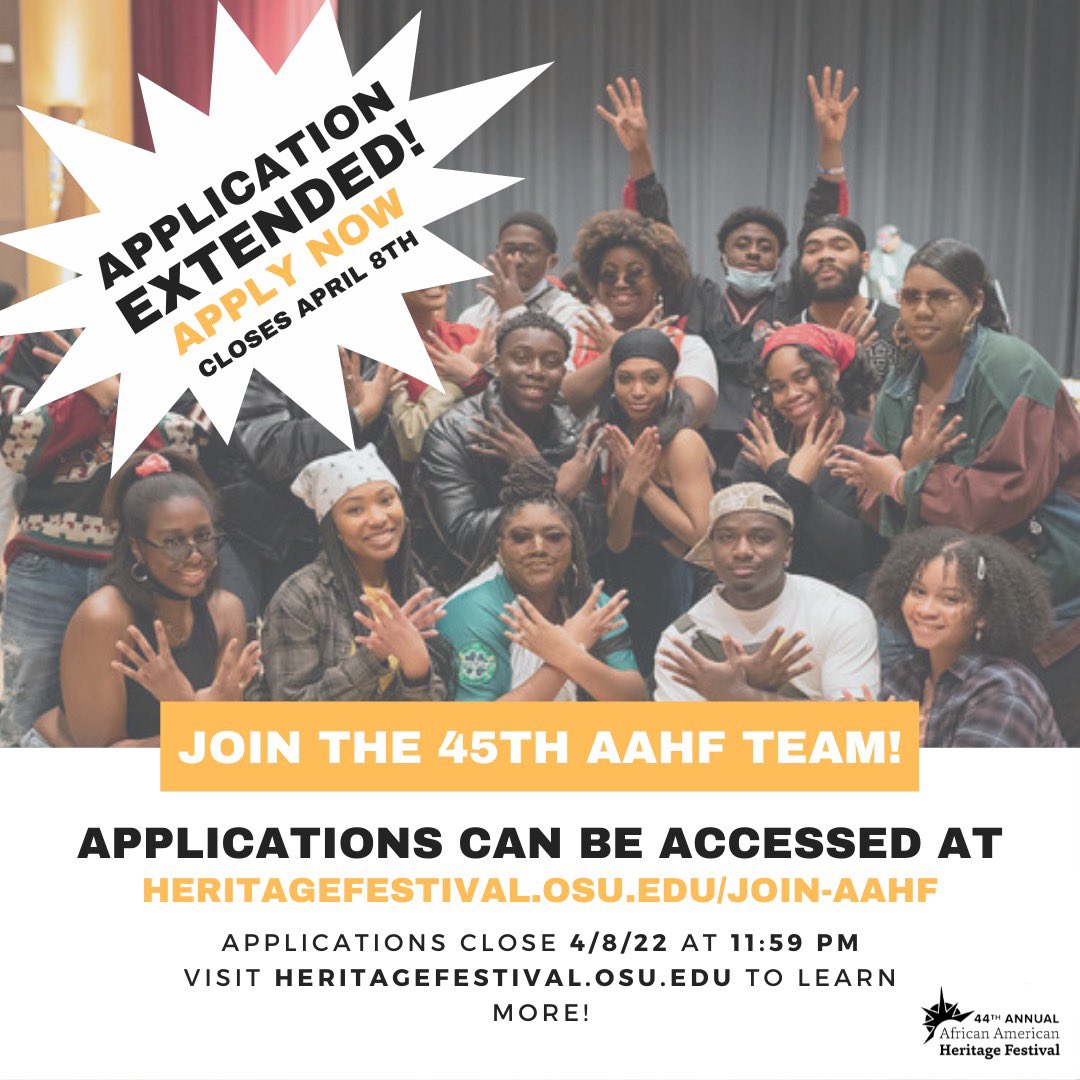 OSUAAHF's tweet photo. *APPLICATION DEADLINE EXTENDED*

The application deadline for the 45th Heritage Festival has been extended until April 8th at 11:59pm!

Visit our website https://t.co/EmhtSDnCVu to learn more and access the application! Please DM us or email royal.36@osu.edu with  your questions! https://t.co/XWFG6UxYAR
