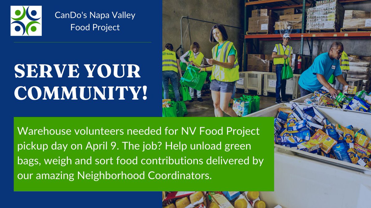napavalleycando's tweet photo. Join CanDo's NVFood Project volunteers for a morning full of fun and fulfillment. Help collect green bags, weigh and sort food contributions. Date: 04/09/2022 (Sat)
Time: 8:30am - 12:00pm
Location: CANV Food Bank, 1766 Industrial Way, Napa
Sign up to help: https://t.co/OMQT4RPMEZ https://t.co/gWdaIxYbNj
