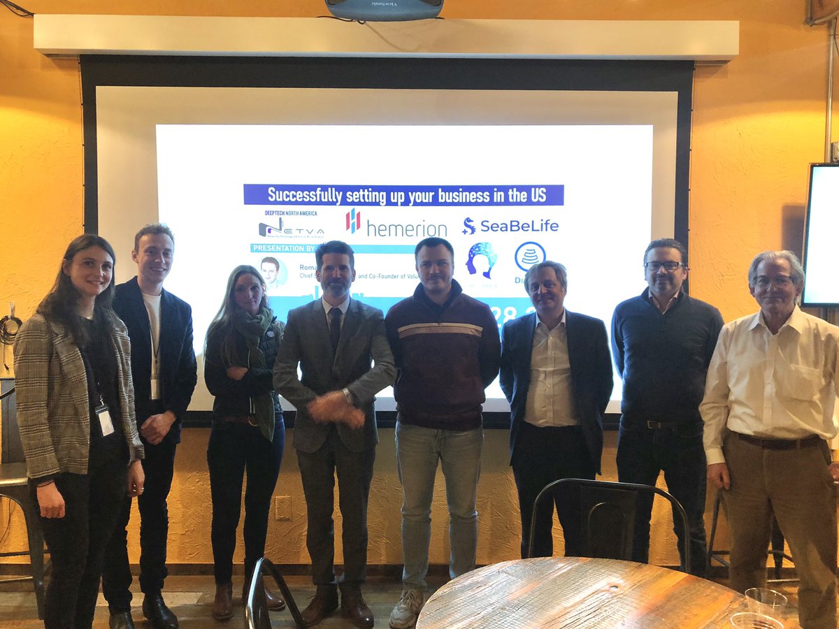 FranceinBoston's tweet photo. Wonderful way to kick off @Netva_fr week in Boston with pitches from our 4 French startups @HemerionTx @seabelife @CeresBrain & Diagnoly 🚀🇫🇷! Thank you to guest speaker Romain Marmot @Voluntis for sharing your experience setting up a business in the US 🇺🇸 #CafédesEntrepreneurs https://t.co/TFH7OxCdzx
