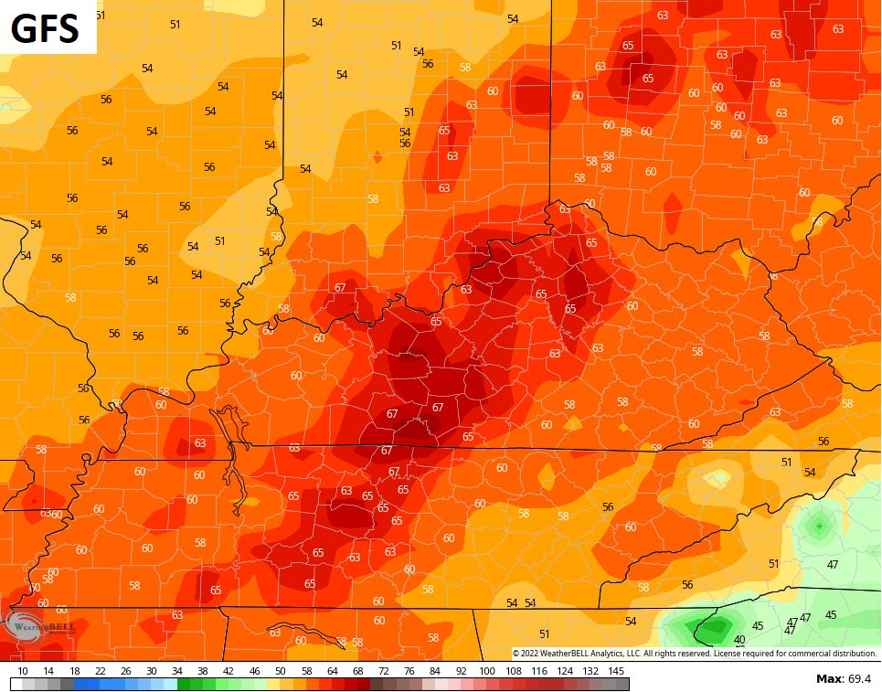 Kentuckyweather's tweet photo. The peak wind gust through Wednesday night are kinda crazy on the NAM and GFS. Even if this is overdone, 50mph+ gusts are possible. #kywx https://t.co/q9413huW0z