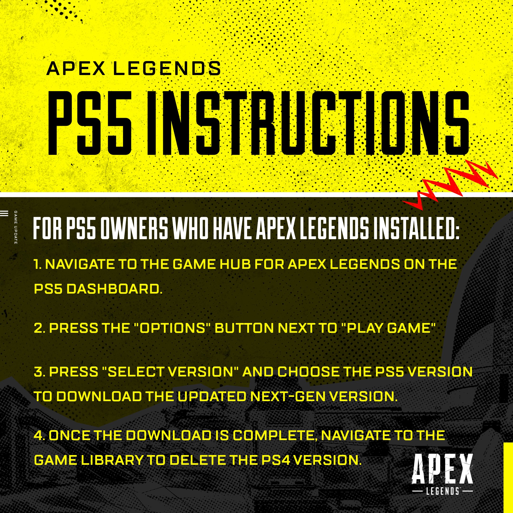 If you have Apex Legends downloaded on your Playstation 5:
1. Navigate to the Game Hub for Apex Legends on the PS5 dashboard.
2. Press the "Options" button next to "Play Game" (represented by "..." inside the Game Hub).
3. Press "Select Version" and choose the PS5 version to download the updated next-gen version.
4. Once the download is complete, navigate to the Game Library to delete the PS4 version.
