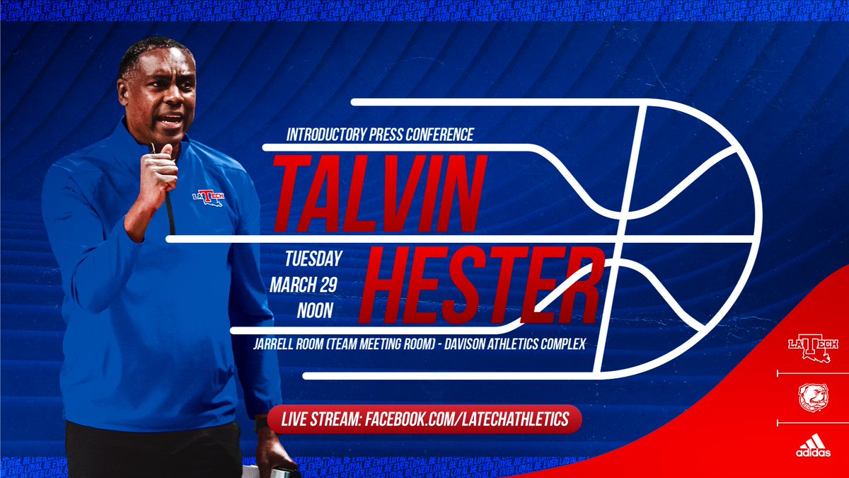 LATechSports's tweet photo. The introductory press conference of Talvin Hester will be held tomorrow March 29th at 12 PM in the Jarrell Room of the Davison Athletic Complex and will be live streamed on our Facebook page.

#EverLoyalBe https://t.co/I97QwbetVK