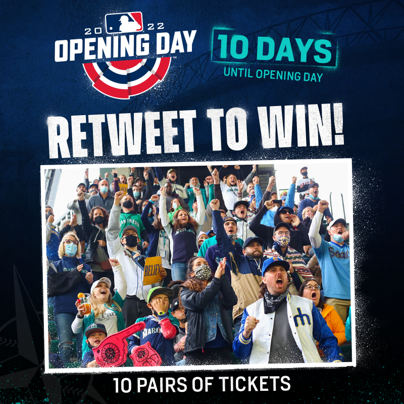 Mariners's tweet photo. 🎟 RT to WIN! 🎟 

We’re just 🔟 days away from Opening Day! Hit that retweet button for a chance to win one of 🔟 pairs of tickets to a game during our opening homestand. #SeaUsRise