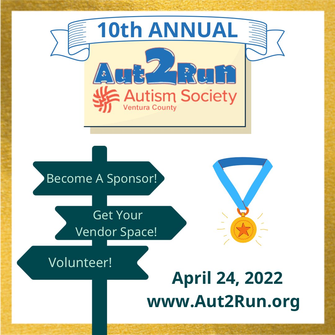 ASVenturaCounty's tweet photo. Have you signed up for #Aut2Run2022?
Become an Aut2Run Vendor/Sponsor:
https://t.co/49ly9DTe2F…
Become an Aut2Run Volunteer:
https://t.co/wxEo3NMmxo…
#AutismAwareness #AutismAcceptance #AutismRun #CharityRun #SponsorshipOpportunity #Volunteer #AutismFamily #VenturaCounty https://t.co/3qA06whgoL