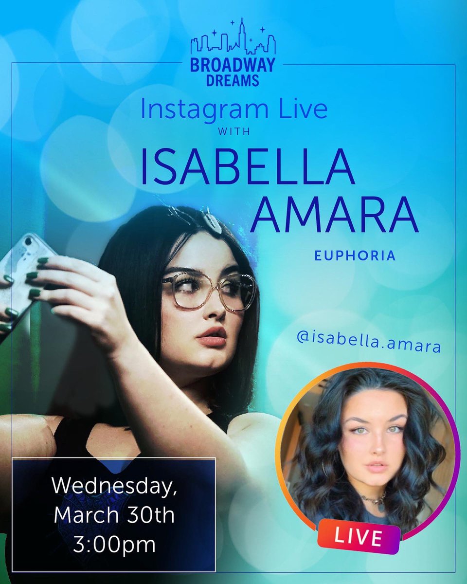 Broadway Dreams (@bway_dreams) on Twitter photo Our next IG Live interview will be with <a href="/IsabellaAmara/">Isabella Amara</a> (Euphoria, Spider-Man: Homecoming) on Wednesday at 3pm EST! #euphoria #spiderman #interview Our next IG Live interview will be with <a href="/IsabellaAmara/">Isabella Amara</a> (Euphoria, Spider-Man: Homecoming) on Wednesday at 3pm EST! #euphoria #spiderman #interview