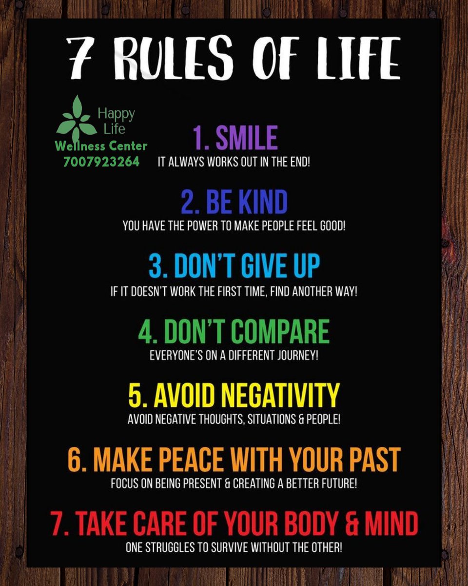 csinghrathaur's tweet photo. 7 Rules of #HAPPYLIFE .
#smile #bekind #don't #giveup don't #compare #aviod #negativity #make #peace With your #past #takecare Of your #body and #mind .
#happylife #happylifewellnesscentre #happylifezna https://t.co/OIhoLUDLim
