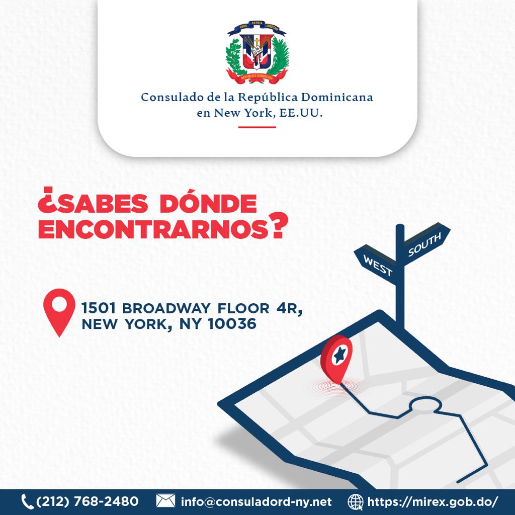 RDen_NY's tweet photo. ¿Sabes donde encontrarnos?
Estamos en el 1501 Broadway, piso 4R, New York, NY 10036. Nuestro horario de lunes a viernes de 8:00 am a 4:00 pm a tu servicio.
Te esperamos.
#RepublicaDominicana #ConsuladoDominicano #consuldomny #NewYorkCity #DominicanosDeNY🇩🇴 https://t.co/74PducdNLR