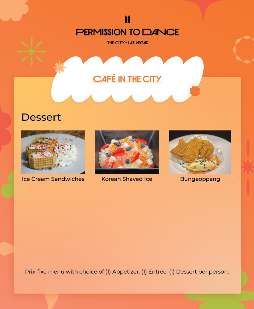 #BTS PERMISSION TO DANCE THE CITY - LAS VEGAS
🍜 CAFE IN THE CITY
Fall in love with specially curated BTS favorite Korean dishes by Michelin star, Chef Back Sung Ook in Las Vegas!

📆 April 5-17
📍 Noodle Shop, Seabreeze Cafe (Mandalay Bay)
👉 Reserve now: spr.ly/6018KtJQe