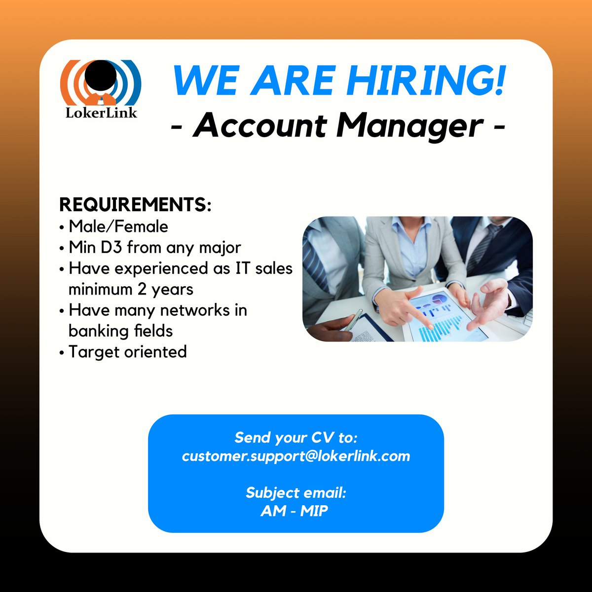 L (@lokerlink) on Twitter photo WE ARE HIRING! Account Manager
If you are interested, please send your CV to customer.support@lokerlink.com (Subject : AM - MIP)
#lokerlink #accountmanager #lokerjakarta #lowongankerja #infoloker #lowonganpekerjaan #lokerindonesia WE ARE HIRING! Account Manager
If you are interested, please send your CV to customer.support@lokerlink.com (Subject : AM - MIP)
#lokerlink #accountmanager #lokerjakarta #lowongankerja #infoloker #lowonganpekerjaan #lokerindonesia