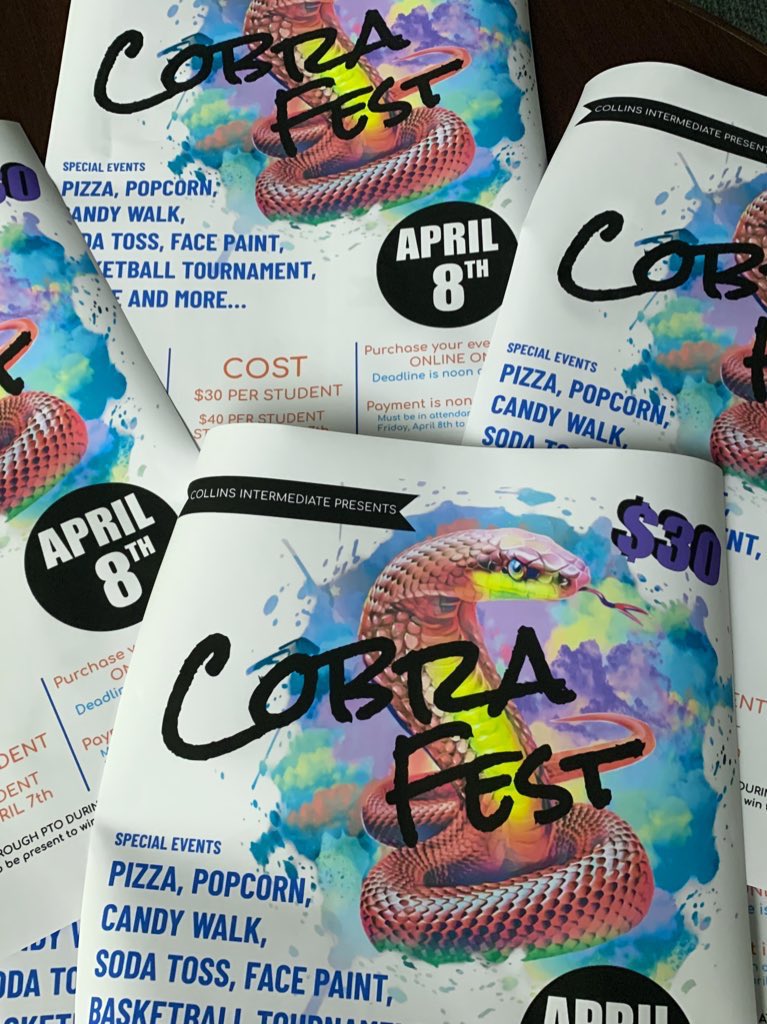 CollinsCobras's tweet photo. You don’t want to miss the #intermediateschool event of the Spring semester! Make memories at our Very Special Event: Cobra Fest! 4-7 pm April 8th! Click the link to register! #raffle tix sold during lunch next week! https://t.co/dxdbA5jAxB… https://t.co/Ezjd1OKKr0