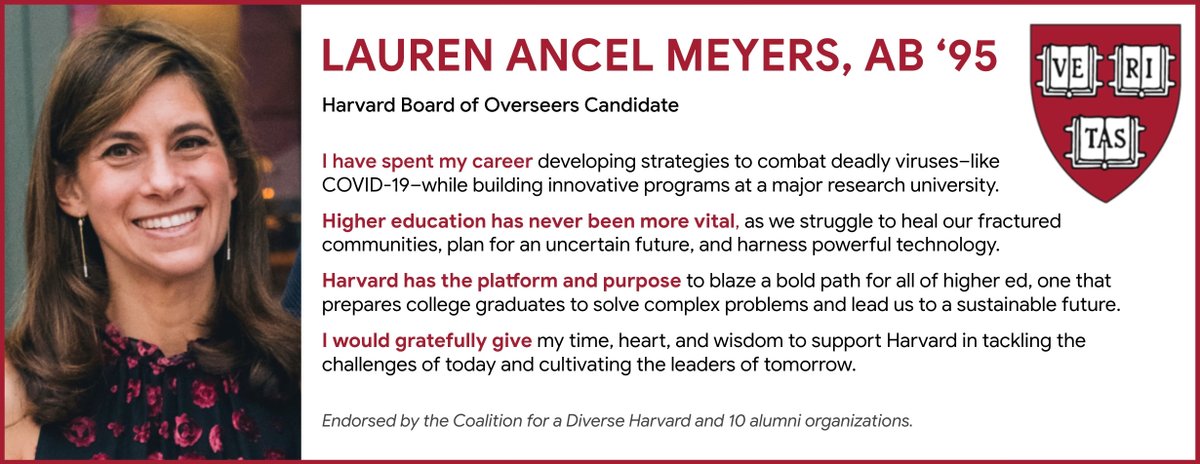 Honored to nominated for the Harvard Board of Overseers and endorsed by the Coalition for a Diverse Harvard and 10 alumni organizations! Please spread the word and encourage Harvard alumni to vote starting this Friday. Ballot emails will come from harvard@electionservicescorp.com