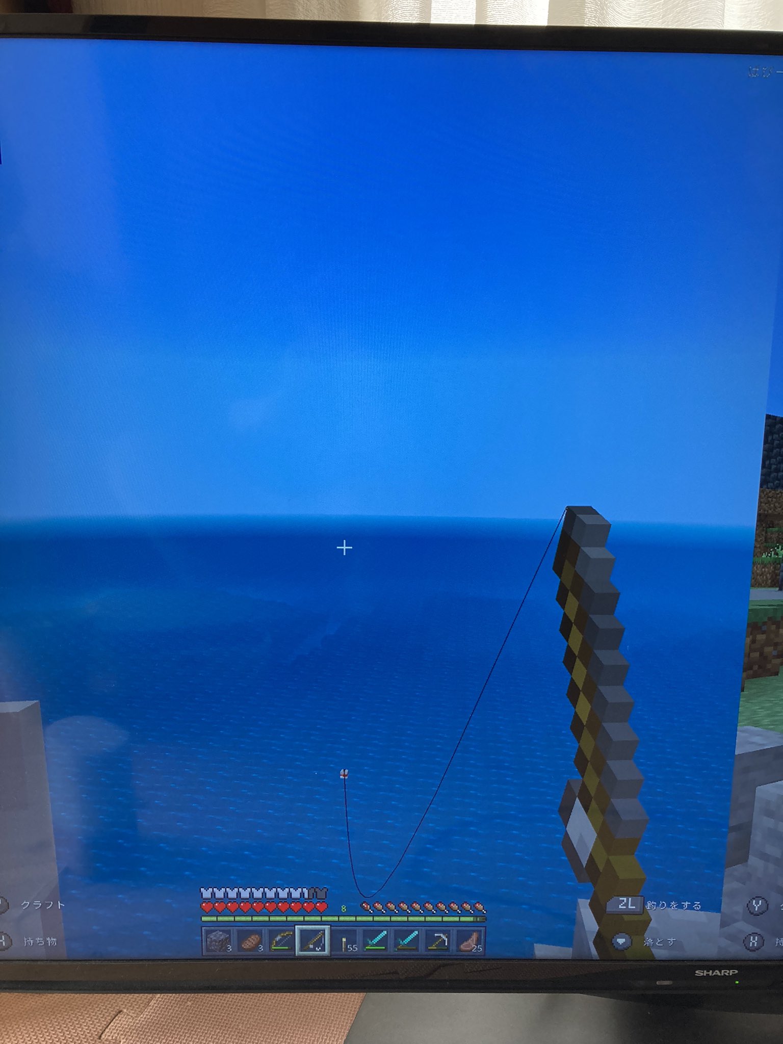 こうたろう 初釣り 爆食い こうたろうが エンチャントのついた 釣竿2本釣って 金床でくっつけたら 宝3 入れ食い2 耐久性3 修繕 最強になりました パパの3倍くらいの スピードで釣って すごいエンチャントのついた 本も2冊も入手 釣りハマった