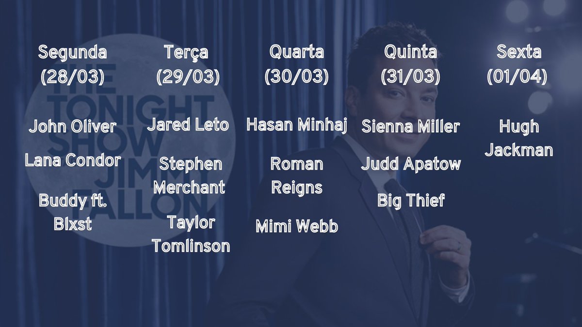 Jimmy Fallon Brasil (HIATO) (@fallonbrasil) on Twitter photo Confira os convidados desta semana no 'Tonight Show':
{<a href="/lanacbr/">Lana Condor Brasil | Fa account</a> & <a href="/sitejaredletobr/">Jared Leto Brasil</a>} Confira os convidados desta semana no 'Tonight Show':
{<a href="/lanacbr/">Lana Condor Brasil | Fa account</a> & <a href="/sitejaredletobr/">Jared Leto Brasil</a>}