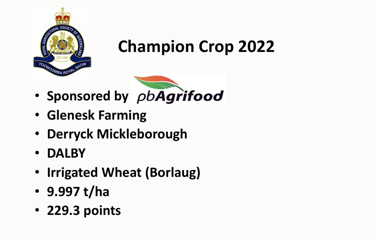 Congratulations to the Champion Crop at the 2022 RASQ Crop Competition. An awesome crop of irrigated wheat just shy of 10t/ha. 
A new record for the competition
