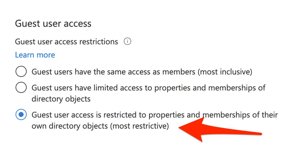 Screenshot from Azure Portal showing the new guest user access restriction option. Including "Guest user access is restricted to properties and memberships of their own directory objects (most restrictive)"
