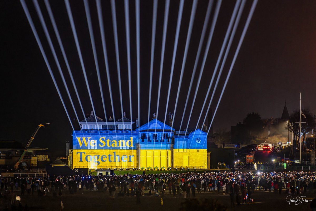 Johnpow1's tweet photo. The R and A building lit up in support of #Ukraine at the start of the Celebration of Light to mark the countdown to the 150th Open Golf Championship. https://t.co/bgUFuMdtJA