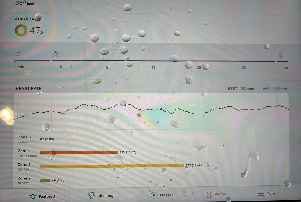 bdevore7's tweet photo. When you finish out the #OPEN5K with @onepeloton &amp; @alextoussaint25 for a 30 minute 80s ride you know the screen will be covered in sweat! https://t.co/nH4zwDPLH8