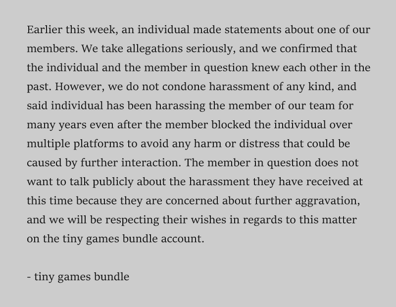tinygamesbundle's tweet photo. A statement from tiny games bundle. https://t.co/WamyOE4z8h