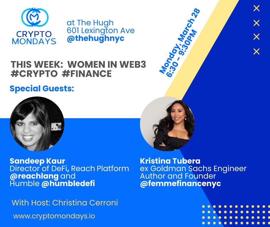CryptoMondaysNY's tweet photo. It's Saturday night which means we're a little closer to our favorite night of the week! This Monday we're highlighting two amazing #womeninweb3 @kristina_tubera of IG:@femmefinancenyc and @sandeepk0119 of @HumbleDefi / @reachlang RSVP at https://t.co/Ogy1MwiDwZ
 #crypto #defi https://t.co/oL4hhqSbiT