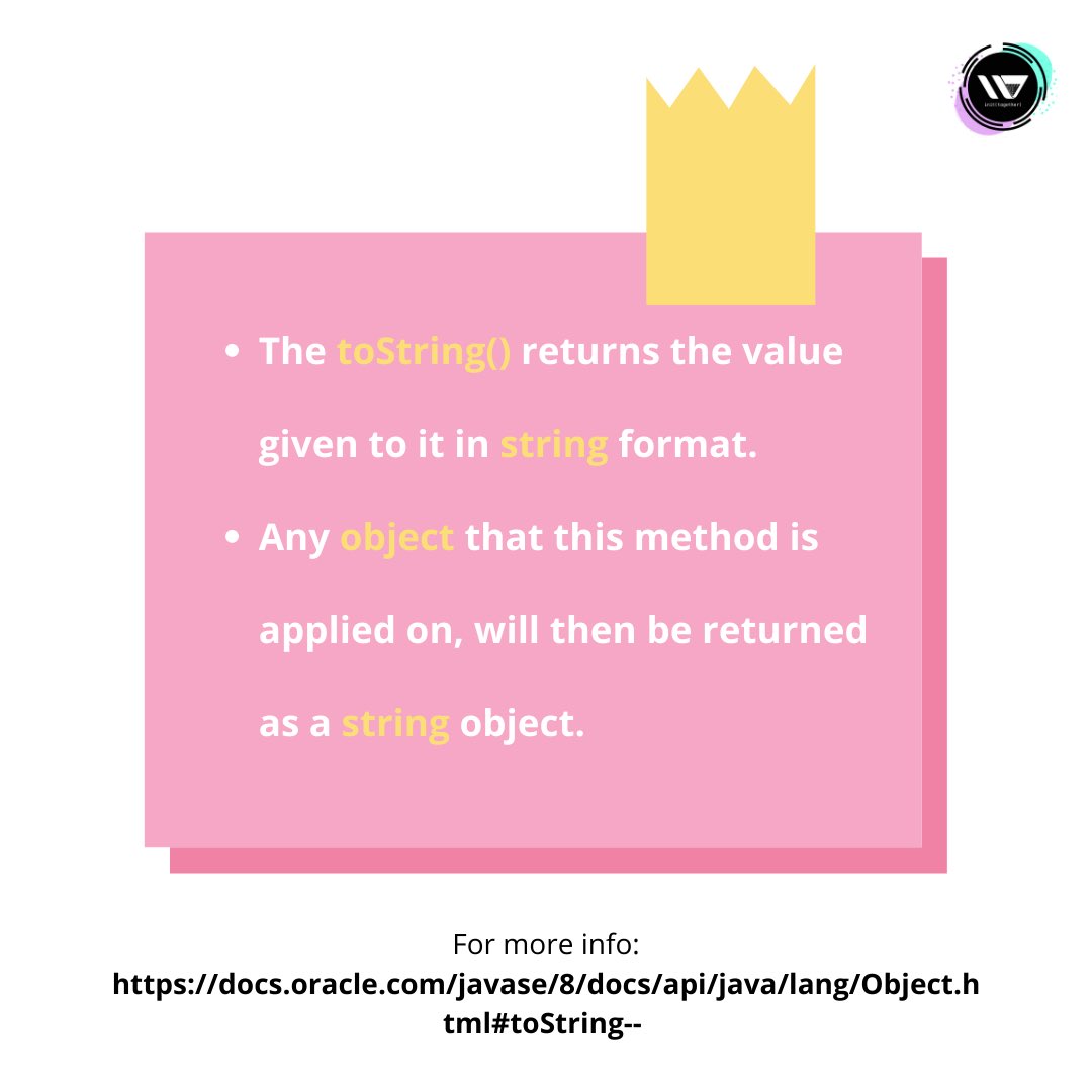 tmu_wics's tweet photo. 🔨 Built-in Function of the Day: Java's toString() 🔨 

The toString() returns the value given to it in string format. Any object than this method is applied on, will then be returned as a string object.
10"    

#java #programming #coding #codingtips https://t.co/7bZjm60mge