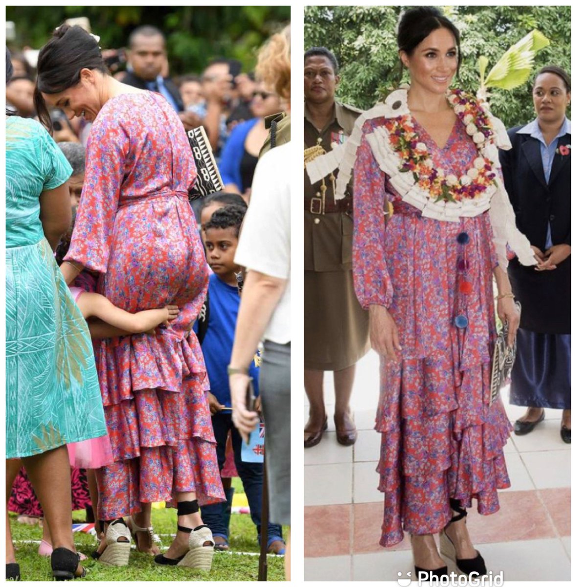 hrrysgreysuit's tweet photo. I just don’t care for the style on MeMe’s dress and Pom Pom balls aren’t working for me, a lighter color espadrille would have looked better, the print and color are okay.
But I like Catherine’s dress better🌻
#OopsComparing https://t.co/xmdwb4IGFR