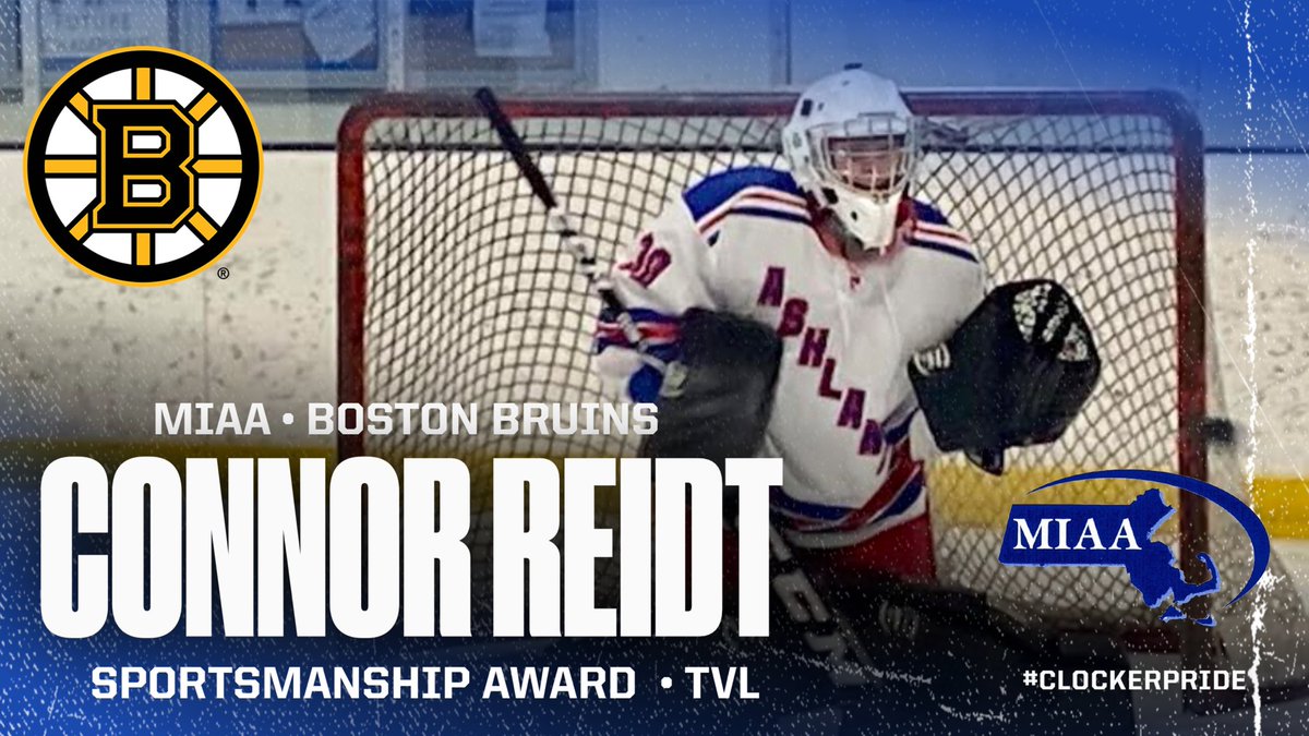 A huge congratulations goes out to Connor Reidt, who was named the 2022 <a href="/NHLBruins/">Boston Bruins</a> / <a href="/MIAA033/">MIAA</a> Sportsmanship Award winner for the TVL! He will be honored at the Bruins game on 3/31! #ClockerPride <a href="/ClockerClub/">The Clocker Club</a> <a href="/ClockerNation/">The Clocker Crazies</a> <a href="/Kstcoeur/">Kelley St Coeur (she/her/hers)</a> <a href="/MrsELachapelle/">Erin Lachapelle (she/her/hers)</a> <a href="/Ms_Sullivan_AHS/">Meaghan Sullivan</a> <a href="/AshlandSuper/">Jim Adams (he, him, his)</a>