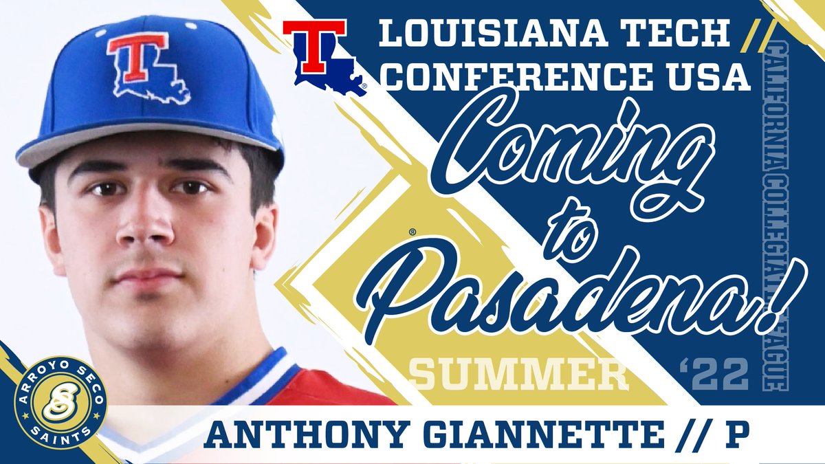 ArroyoSecoCCL's tweet photo. From @ConferenceUSA ➡️ to the California Collegiate League. Welcome, Anthony Giannette! 🙌

🏫 @LATechBSB
⚾️ RHP
📊 6'0” // 187 lbs.
🏡 Spring, TX
 
#SaintsOfSummer #CCLBaseball #RustonStrong #JunkyardDogs @AGiannette13 @CCL_Baseball @LATechSports https://t.co/J6YeKVZ7nl
