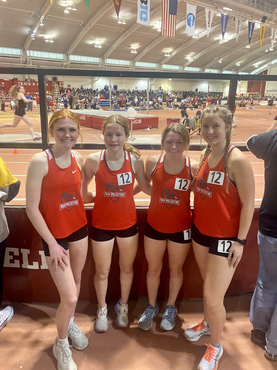 Congrats to this Distance Medley Relay team of Rylee Hurst, Tylar Whitaker, Lexi Baynes &amp; Emily Adam for placing 22nd in the state today at IU! Shoutout to Courtney Study &amp; Ashlyn Sanford for helping to qualify! This group is going to have a huge outdoor season! #DragonFire🔥