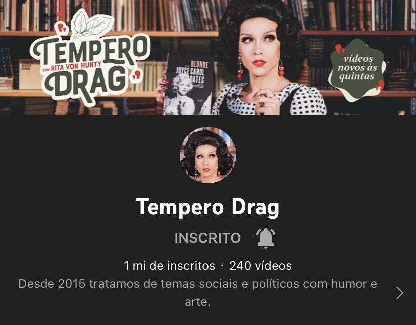 veio ai demais! ✨✨✨✨
atrasadinha, mas passando pra comemorar o 1 milhão 🌽 da nossa querida e maravilhosa Rita von Hunty ❤️‍🔥
que cada vez mais e mais pessoas conheçam e se permitam a ver a boniteza da educação com você, Rita 🥰❤️
youtube.com/c/TemperoDrag
