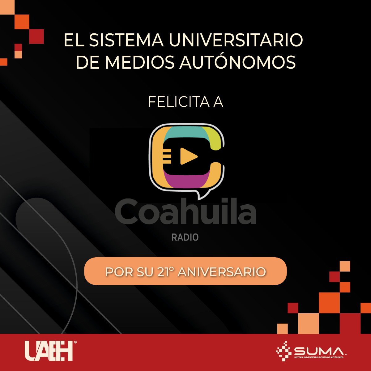 Felicitaciones <a href="/CoahuilaRadioTV/">Coahuila Radio y Televisión</a> por su 21 Aniversario al aire, estamos seguros de que vienen más logros. 📻 🎙️⠀
¡Enhorabuena!⠀⠀⠀
💻  coahuilartv.com.mx⠀⠀⠀⠀⠀
📺 Canal 17.1⠀⠀
📱 WhatsApp en Cabina wa.me/528445303060
#sumauaeh #mediosautonomos