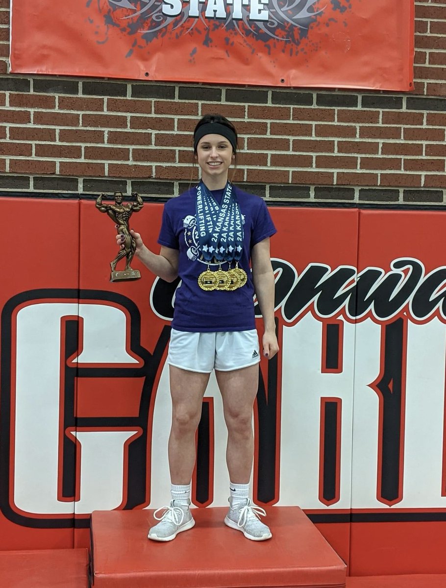 State Champion and new record holder
Jasmine Ricke - JR - W123

Overall Power Ratio Champion

1st Place Overall 540 lbs *State Record
1st Place Bench 145lbs *State Record
1st Place Clean 150 lbs
1st Place Squat 245 lbs
<a href="/sportsinkansas/">Sports in Kansas</a>