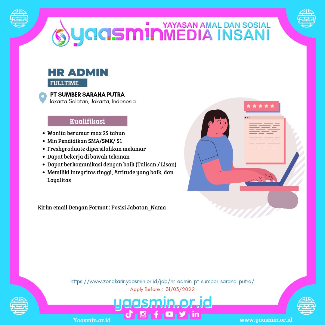 ptsultancom's tweet photo. 📢[CALLING ALL JOBSEEKERS]📢

Hai #SobatYaasmin!🥰
Kali ini kami akan membagikan informasi seputar lowongan pekerjaan loh! Penasaran kan? Yuk dibaca postingan kami sampai habis!🤩✨

Info selengkapnya bisa diakses di https://t.co/ikEVYpf7yL https://t.co/6rb8vYA5dk