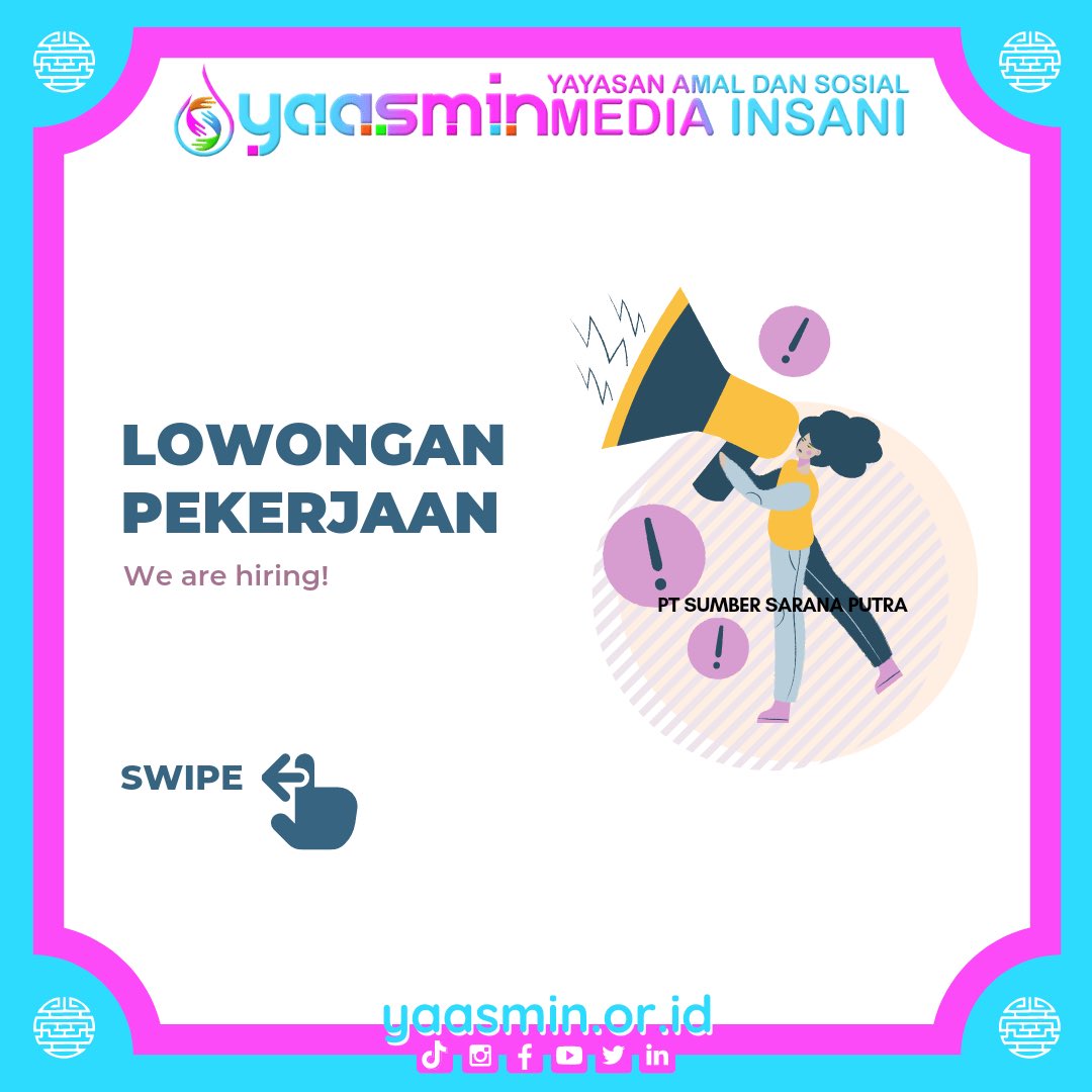 ptsultancom's tweet photo. 📢[CALLING ALL JOBSEEKERS]📢

Hai #SobatYaasmin!🥰
Kali ini kami akan membagikan informasi seputar lowongan pekerjaan loh! Penasaran kan? Yuk dibaca postingan kami sampai habis!🤩✨

Info selengkapnya bisa diakses di https://t.co/ikEVYpf7yL https://t.co/6rb8vYA5dk