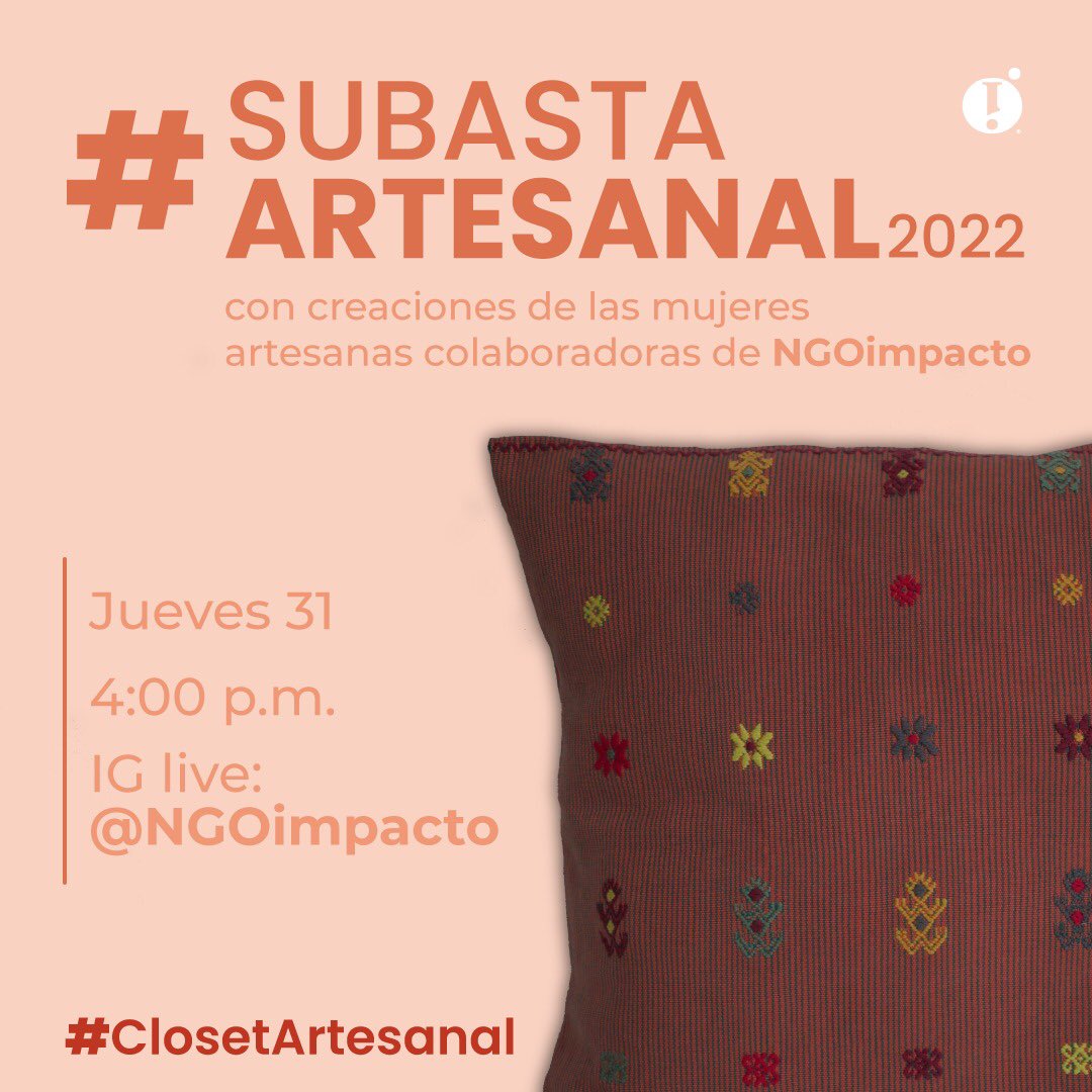 Queremos invitarte a la primera #SubastaArtesanal 2022, con creaciones de las mujeres artesanas colaboradoras de NGOimpacto. 
Reconozcamos su trabajo! IGLive -<a href="/NGOimpacto/">impacto</a> jueves 31 de marzo a las 4:00pm 🤩
#textilesmexicanos #mujeresartesanas #artetextil #elorigensicuenta